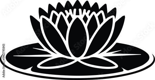 Minimalist black water lily shapla floating on water silhouette vector icon