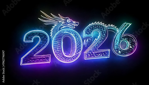 A glowing neon depiction of the year 2026, featuring a detailed dragon graphic. The numbers and dragon emit colorful light