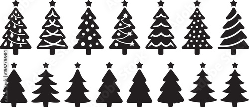 Christmas tree silhouette set winter pine spruce icons holiday fir decoration collection star trees