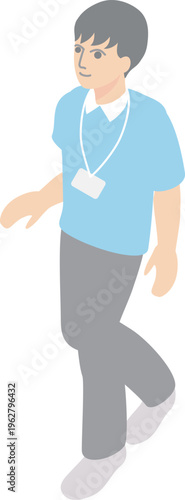 Isometric illustration of a male caregiver walking, full body character.