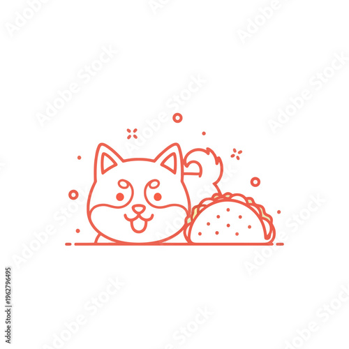Cute Shiba Inu Dog with Taco Icon, Kawaii Food Illustration, Orange Line Art