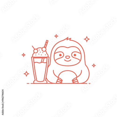 Cute Sloth with Ice Cream Sundae, Kawaii Style Outline Illustration