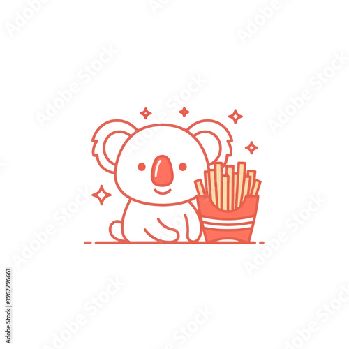Cute Koala with French Fries Icon. Adorable Cartoon Animal Character Eating Fast Food.