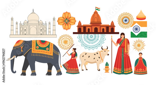 Diverse collection of Indian cultural symbols including the Taj Mahal, a temple, an elephant, a cow, a woman in a sari, and the national flag.
