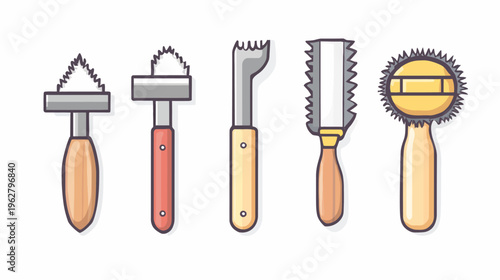 Illustration of five handcrafted tools with wooden handles in flat, cartoon style