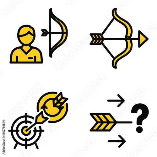 Vector art of set of four icons representing archery, target, and a person