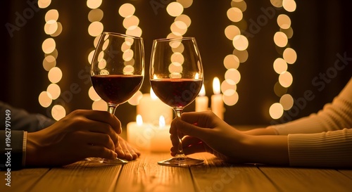 Romantic birthday party dinner for two with wine glasses and warm lighting