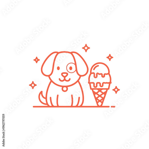 Cute puppy with ice cream cone, simple line art, dog treat, summer fun, kawaii illustration