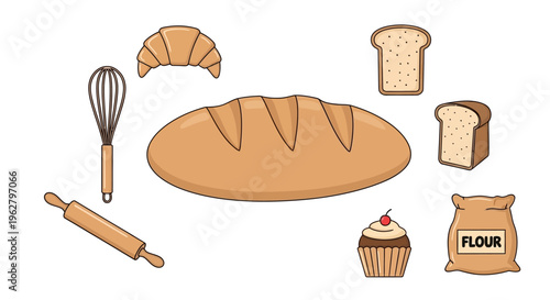 Baking ingredients and bread items.