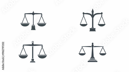 Four black and white balance scale designs on a white background, symbolizing justice