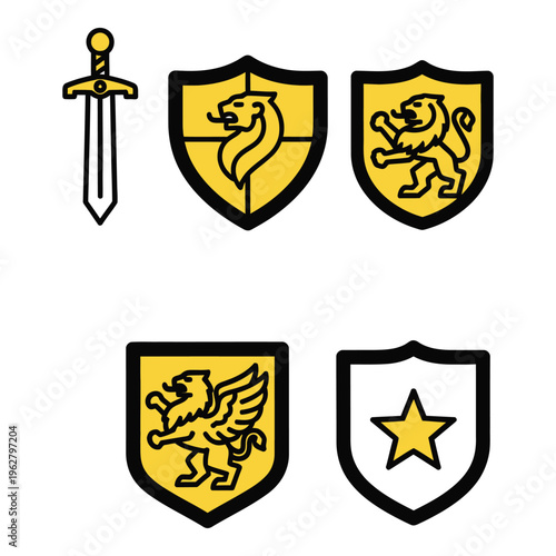 Vector art of a collection of five yellow and black icons including a sword, shields with lions and a griffin, and a star
