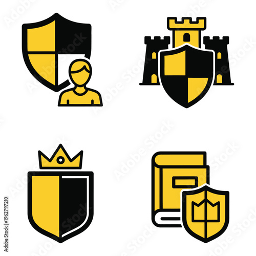 Vector art of four yellow and black icons depicting shields, a person, a castle, and a book