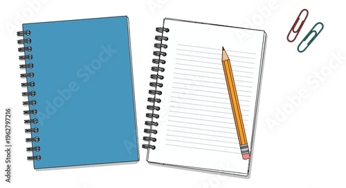 Spiral bound notebooks and pencil.