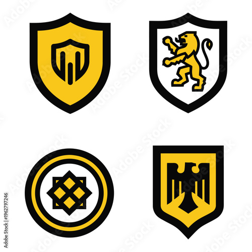 Vector art of set of four heraldic emblems and crests, including a shield with a stylized design, a lion rampant, a circular emblem, and an eagle crest