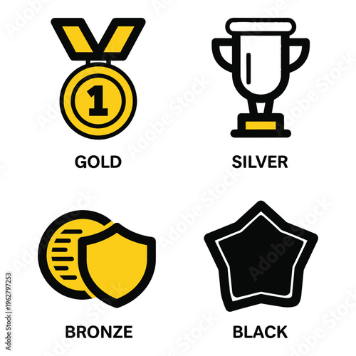 Vector art of collection of four award icons gold medal with number one, silver trophy cup, bronze shield, and black star