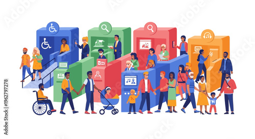 Diverse group of people interacting with accessible services.