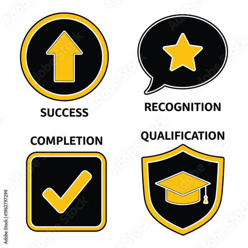 Vector art of set of four educational achievement icons including success, recognition, completion, and qualification