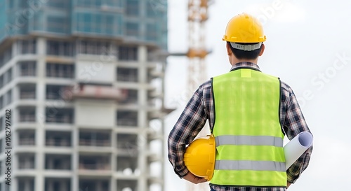 Construction engineer holding blueprints and yellow hard hat against building site