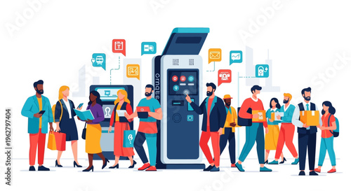 Diverse group of people interacting with technology and services.