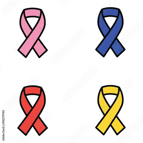 Vector art of four colorful awareness ribbon icons representing different causes