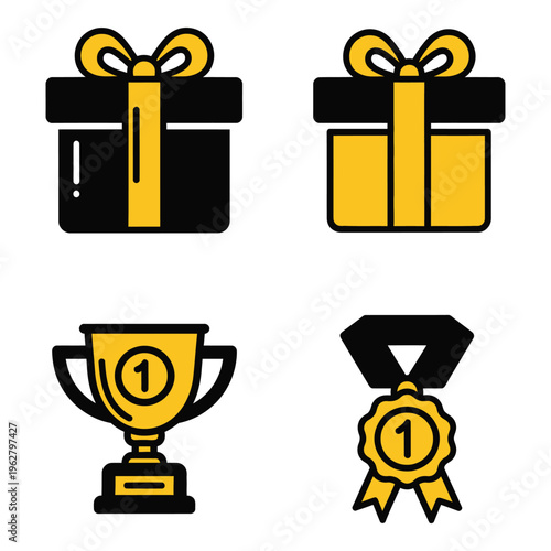 Vector art of set of four flat icons depicting gifts, a trophy, and a medal for winning