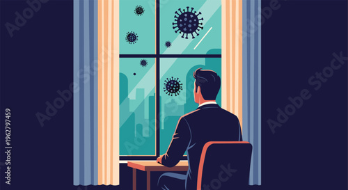 Worried businessman sitting at a desk and looking out of a window at giant virus particles floating in the city sky during a pandemic.