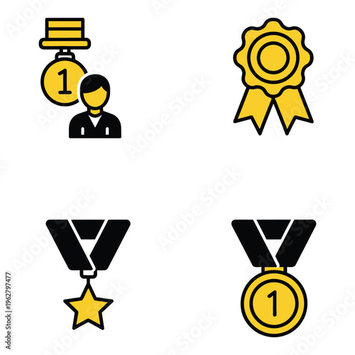 Vector art of collection of flat design icons representing awards and achievements, including medals, ribbons, and a winner with a number one badge