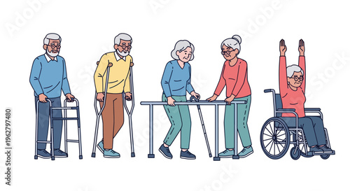 Elderly people with disabilities walking assisted.