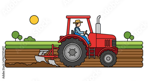 Man driving red tractor outdoors.