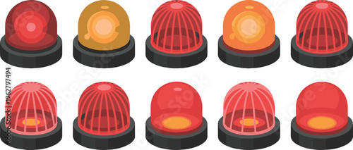 Warning flasher light icons showing various red and yellow emergency beacons in perspective view style