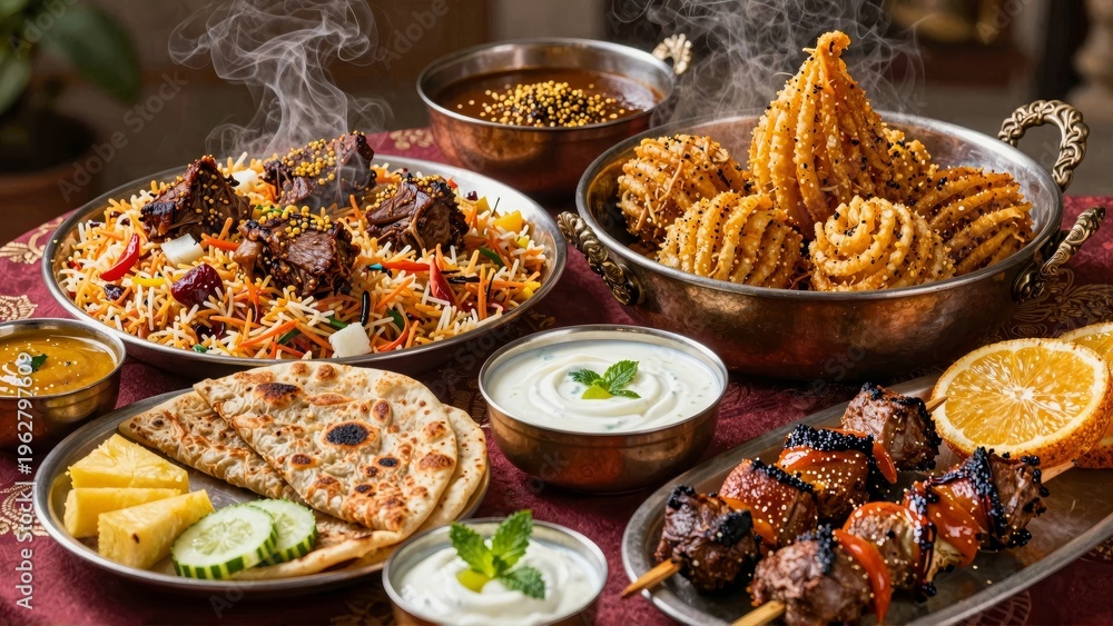 Obraz premium Steaming Indian meal with biryani samosas kebabs and flatbreads