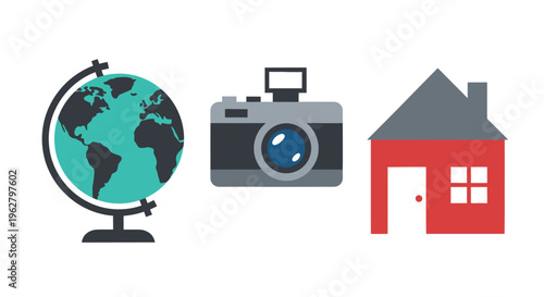 Globe Camera House Icons.