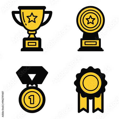 Vector art of set of four flat design award icons including a trophy, medal, and rosette