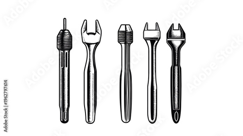 An illustration of five different hand tools with handles and distinct head shapes
