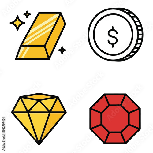 Vector art of set of four icons representing wealth gold bar, coin, diamond, and gemstone