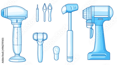 A collection of blue, cartoon-style medical tools and instruments isolated on a white background