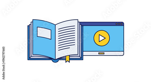 Book and computer screen with play button.