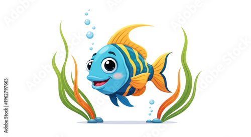 Colorful cartoon fish swimming underwater freely.