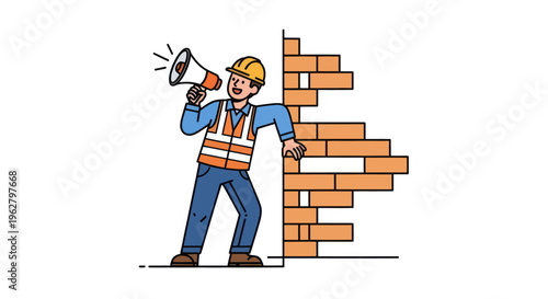 Construction worker with megaphone standing.
