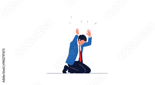 Depressed businessman in a blue suit kneeling on the floor with his hands up in a gesture of despair, frustration, or total failure.