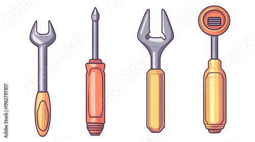 Cartoon-styled illustration of four hand tools wrench, screwdriver, and other repair tools