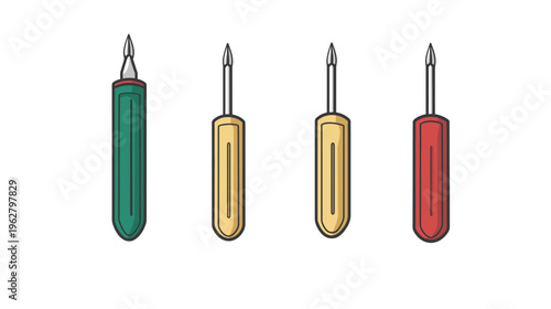 A cartoon-style illustration showing four tools with different colored handles against a white backdrop
