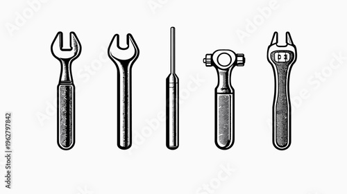 Black and white illustration of various tools. Wrench, screwdriver, and ratchet. Cartoon style