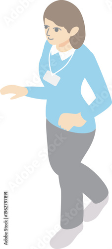 Isometric illustration of a female caregiver walking, full body character.