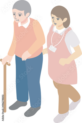Nursing care concept with female staff supporting a senior lady in isometric style.