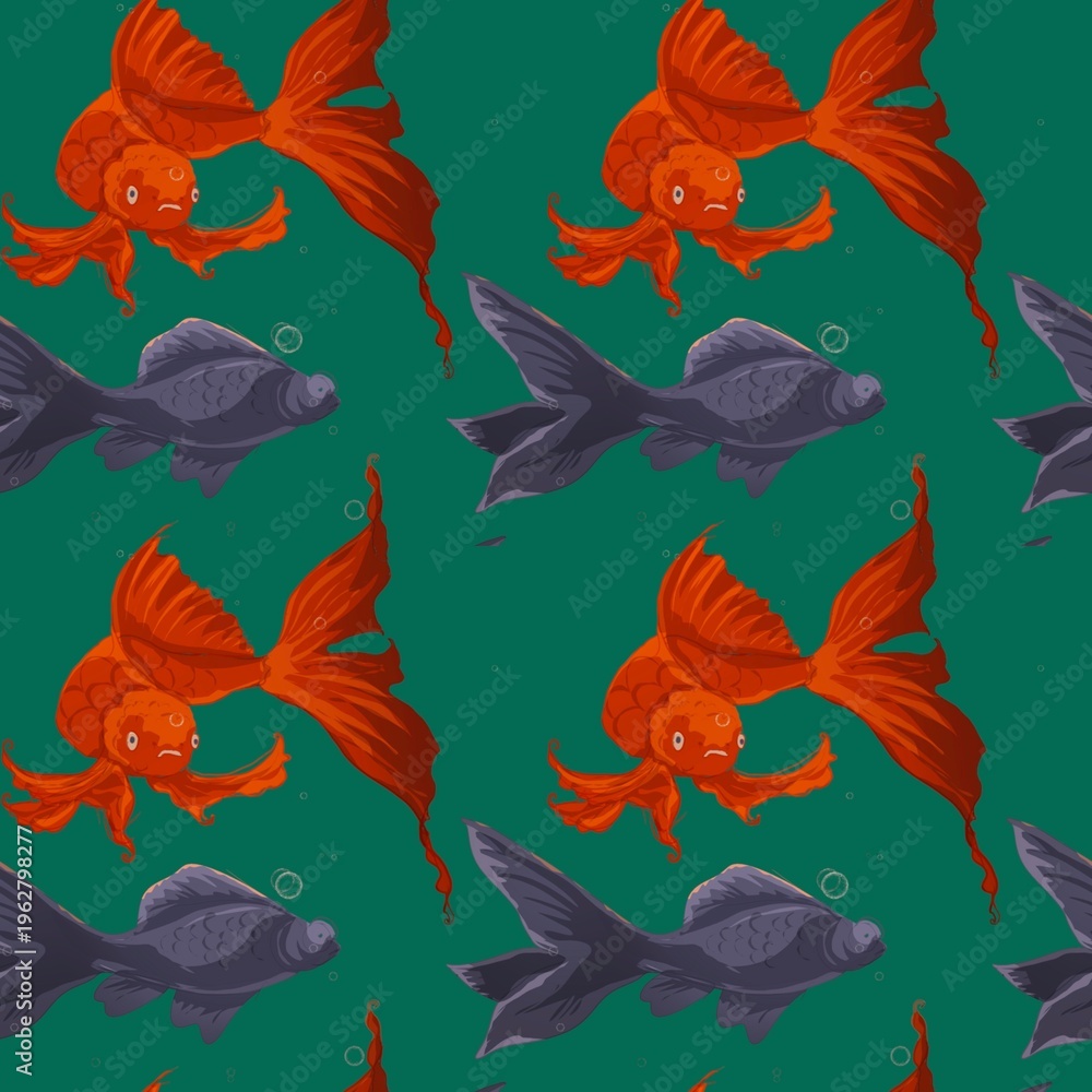 Obraz premium A luxurious repeating design featuring elegant golden and dark koi fish swimming on a deep emerald green background. Hand-drawn illustration with fine gold lines. Oriental motif, symbol of success and