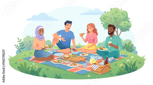Diverse group of friends enjoying a picnic outdoors.