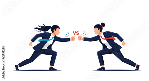 Two professional businesswomen in suits facing each other with clenched fists preparing for a competition or a corporate battle vs symbols.