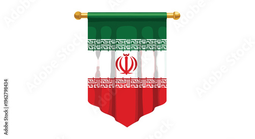 Vertical hanging banner of the national flag of Iran featuring the green, white, and red stripes with the central emblem on a gold pole.