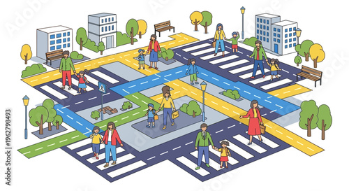 Diverse group of people crossing busy city streets safely.